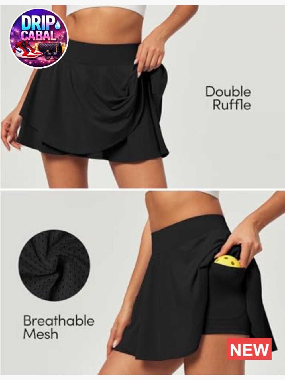 Pleated Tennis Skort with Pockets Double Ruffle Athletic Skirt Tummy Control - Picture 4 of 7
